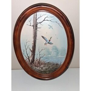 Vintage Oval Mallard Duck Print Hong Kong Framed Wall Art Woodland Cabin Decor